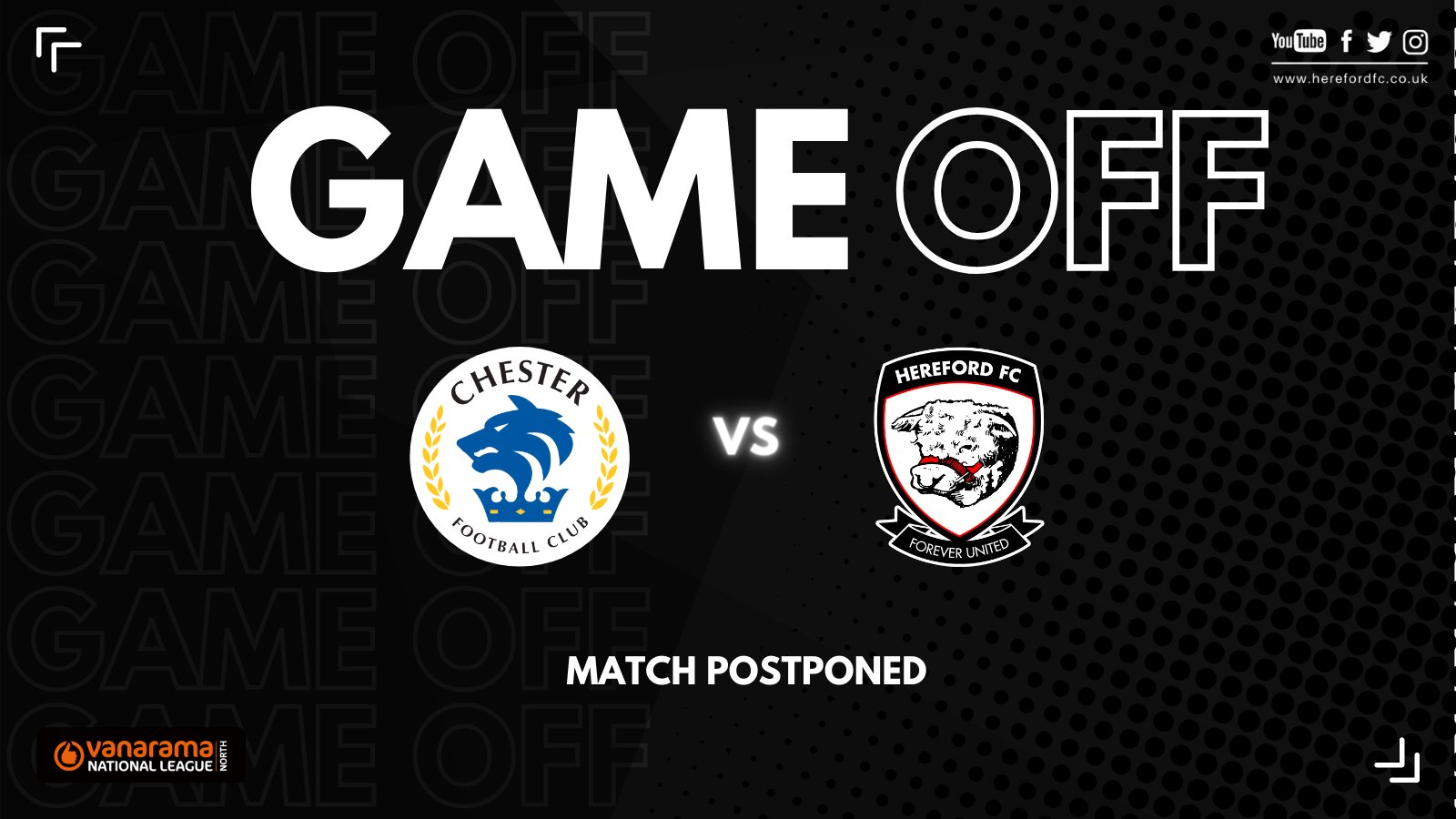 FOOTBALL | Hereford FC’s game at Chester is postponed after positive COVID-19 cases within Chester team