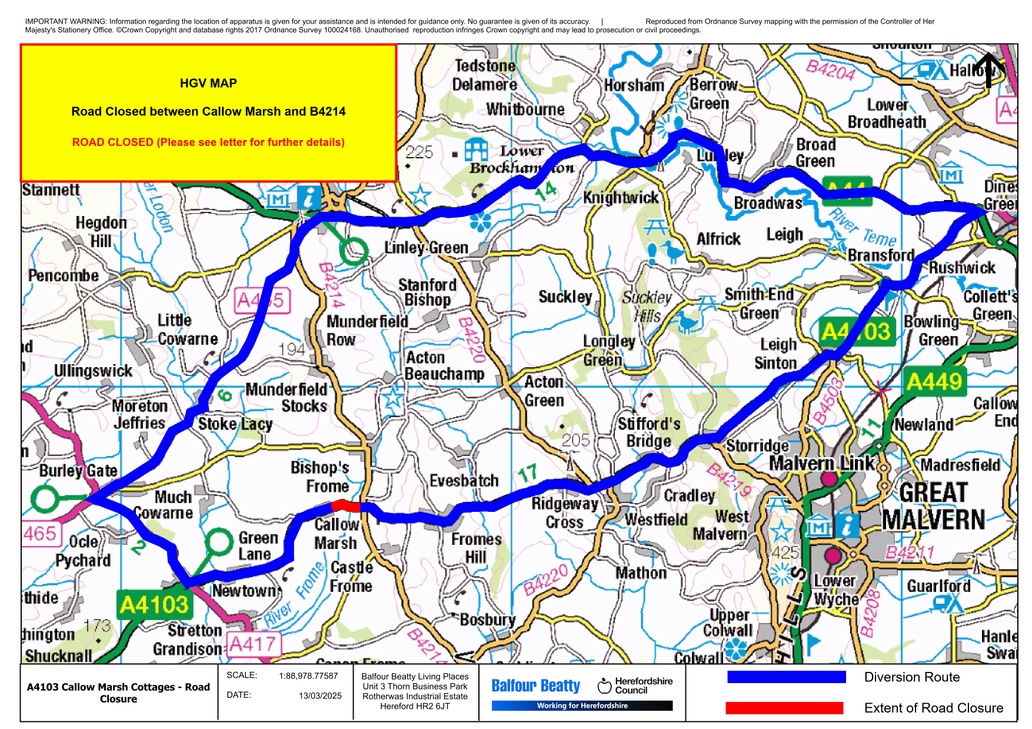 NEWS | The A4103 (Hereford to Worcester Road) is closed in both directions tonight between Newtown Crossroads and Fromes Hill