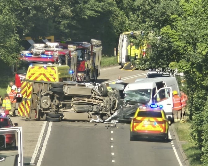 LATEST | The A4103 remains closed at Fromes Hill with recovery work taking place after five people were taken to hospital following a collision